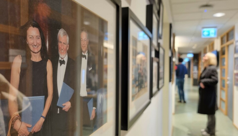 In the corridors of the Kavli Institute at NTNU, memories from the Nobel ceremony and other milestones are displayed. Bilder henger på veggen i en gang. I forgrunnen er et bilde fra Nobelprisseremonien med May-Britt Moser, John O'Keefe og Edvard Moser.