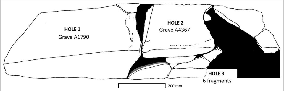 The illustration shows how the fragments fit together, possibly forming a larger, standing stone. There are no runes on the Hole 1 fragment.