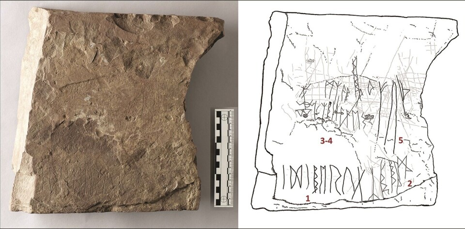 The Hole 2 fragment. The name Idibergu is inscribed at the bottom left. The drawing illustrates the rest of the inscriptions, which are both difficult to decipher and interpret.