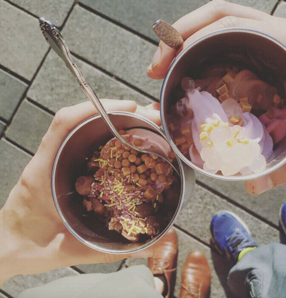 Takeaway ice cream in its own steel cup.