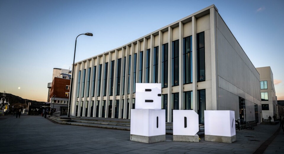 The 'BODØ' sign stands outside Stormen library in the city centre.