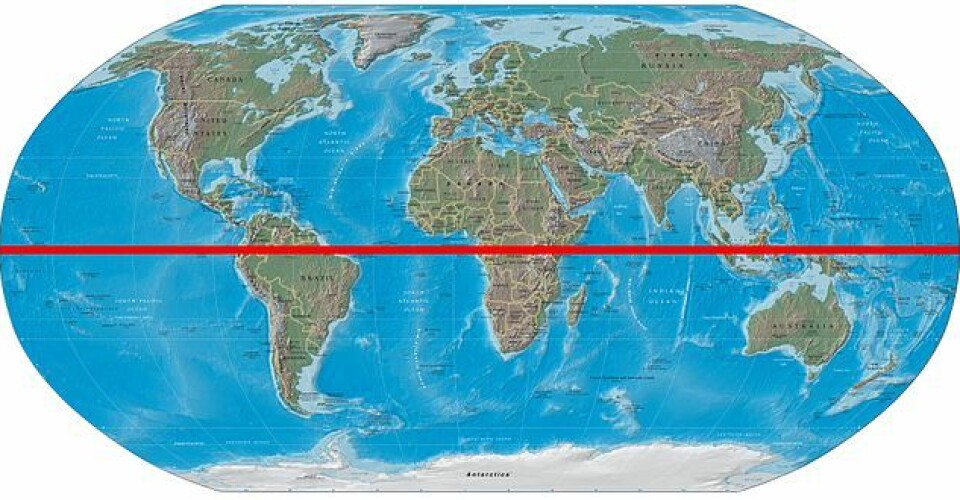 This is how the world is divided into the northern and southern hemispheres. Bilde av jordklode, med en rød strek i midten som deler den nordlige og sørlige halvdel.