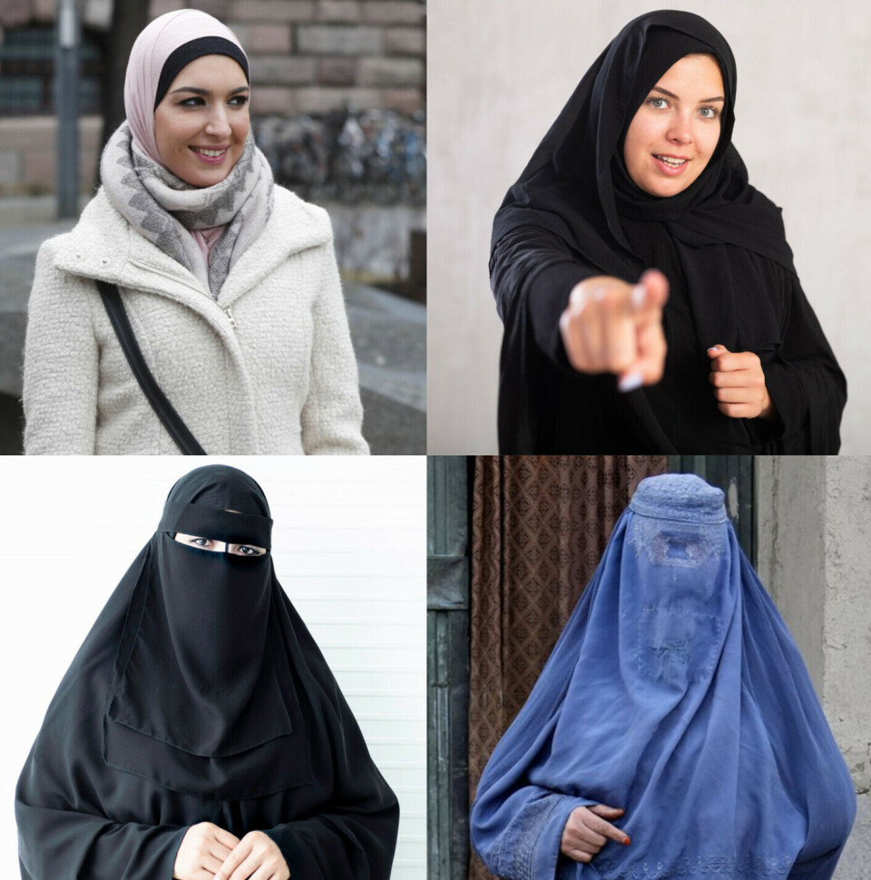 Top left: Hijab. The hair is covered by a headscarf. Some women also wear loose-fitting clothing over the rest of their body. Top right: Chador. A large shawl that covers the head and body, worn over other clothing. Bottom left: Niqab. Similar to a chador, but the face is also covered. Bottom right: Burqa. A loose, long garment with a hood that covers the eyes.