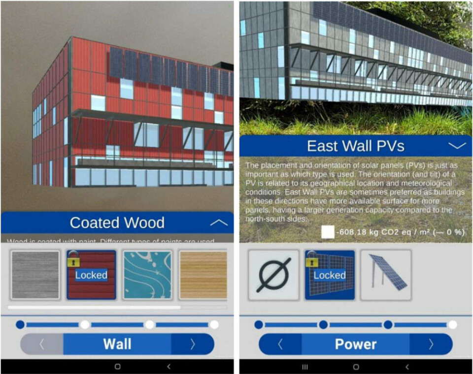 Screenshots of the AR app showing some wall options and two different placements of solar panels.