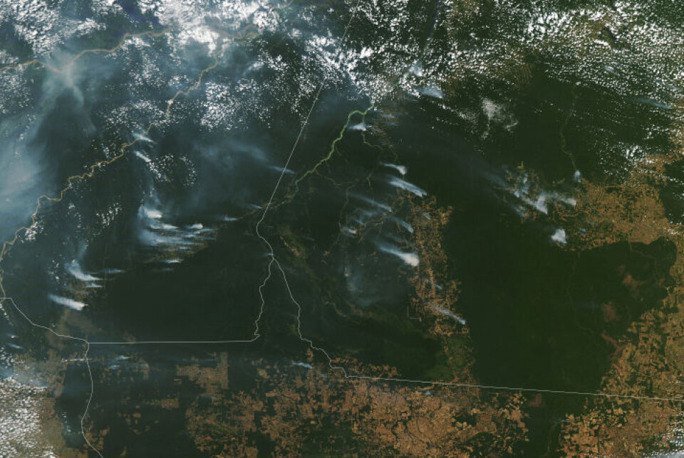 This satellite image from August 2020 shows smoke from some of the deforestation fires along major roads in Amazonas, Mato Grosso, and Pará, Brazil.