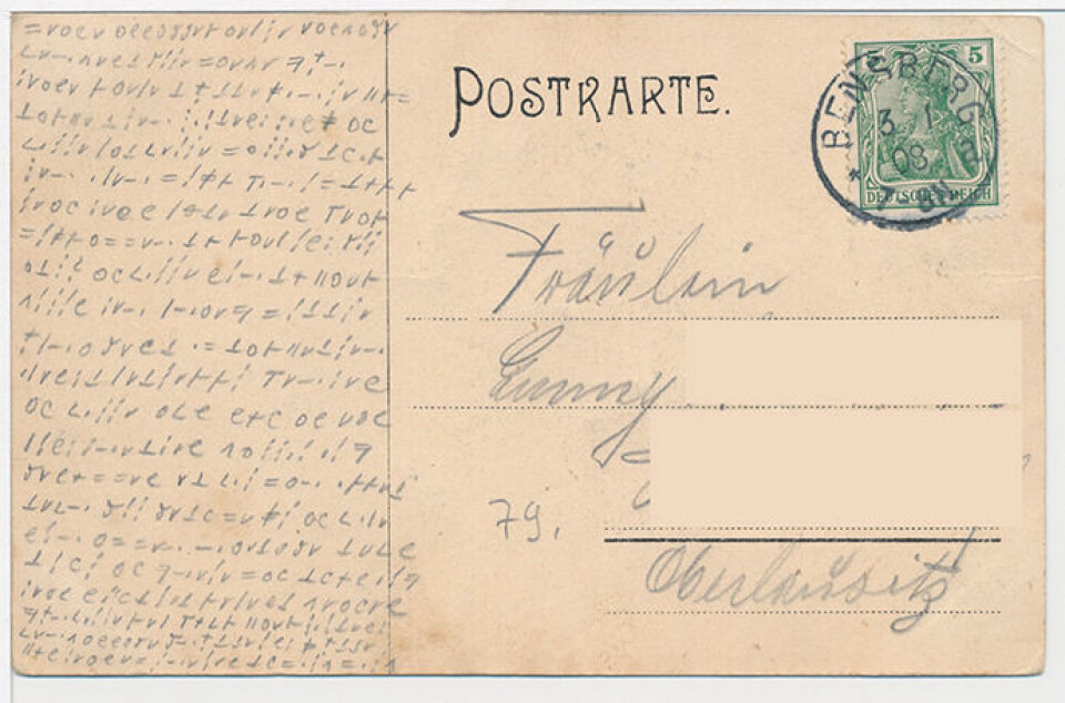 This postcard from 1908 is written in code and looks completely unintelligible. It turned out to be a love letter in German.