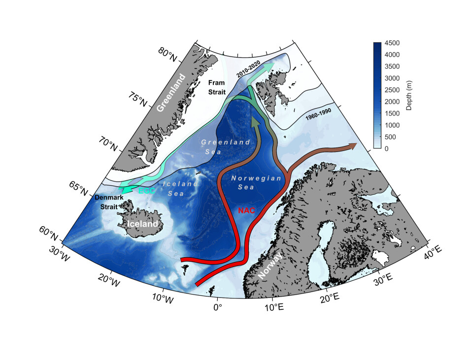 Water entering the Nordic Seas from the Atlantic Ocean is cooled along the route northward through the Norwegian Sea (red arrow). In the Fram Strait, the current turns southward and continues under the ice as the East Greenland Current (cyan arrow).
