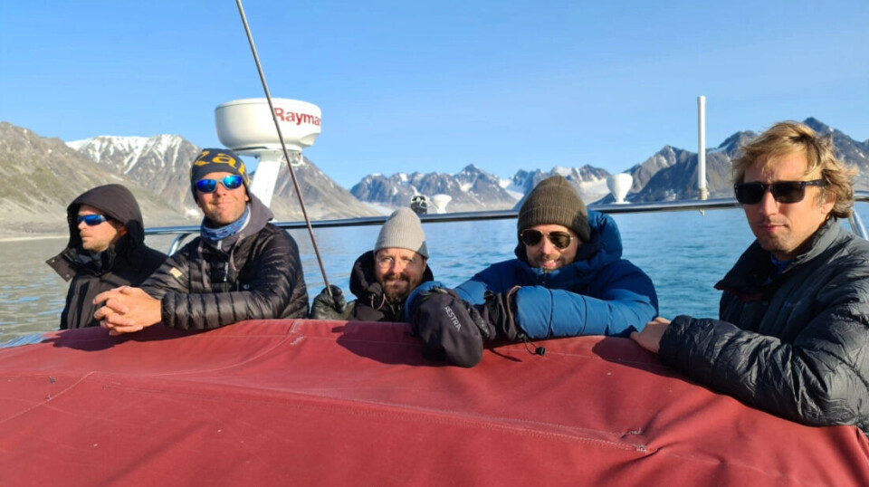 Part of the field team enjoying the Arctic sun - from right: Willem van der Bilt, Jostein Bakke, Eivind Støren, Sander van der Plas, and our captain Peter.