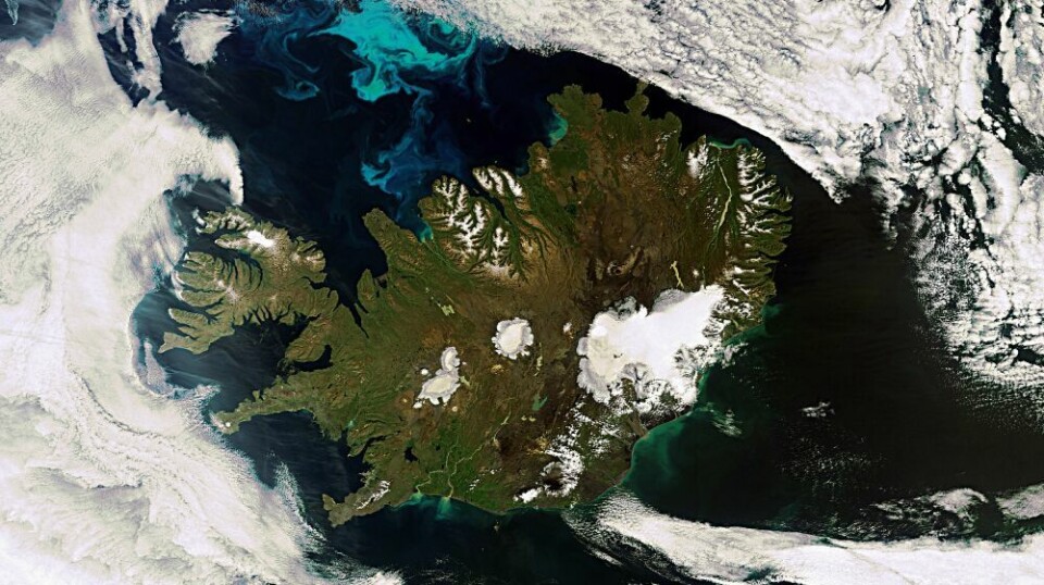 Iceland seen by the Envisat satellite. This image from 2010 shows a rare cloud-free view of Iceland. The large white area is a national park that encompasses the Vatna Glacier – Europe’s largest – and surrounding land. The white circular patch in the centre of the country is Hofsjokull, the country’s third largest glacier and its largest active volcano.