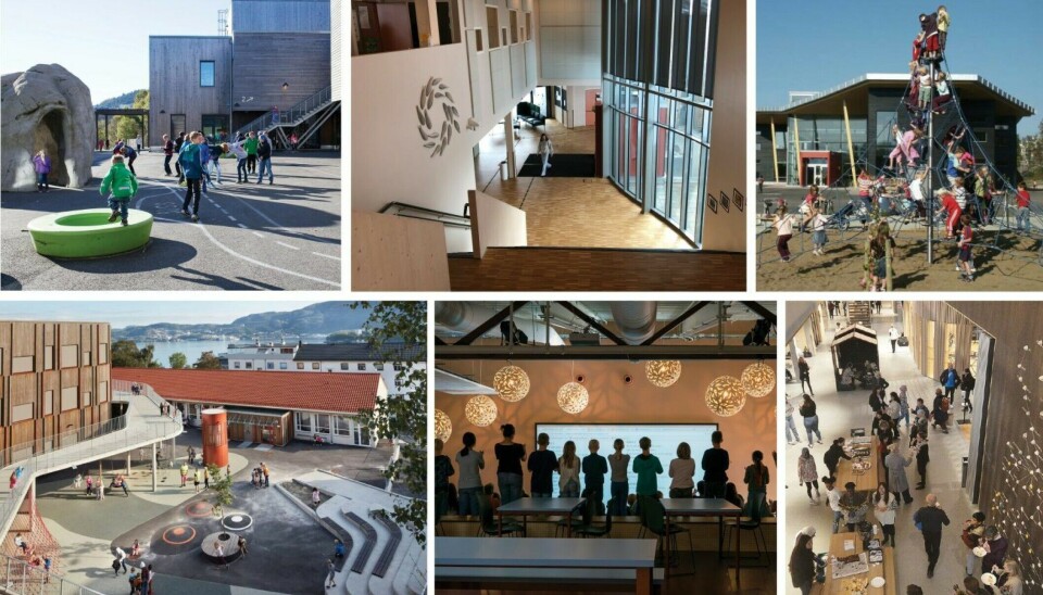 The image shows outdoor areas, an amphitheatre, and mingling areas at Ulsmåg School, Brensholmen School, Fagereng School, Holen School, Hebekk School, and Huseby School.