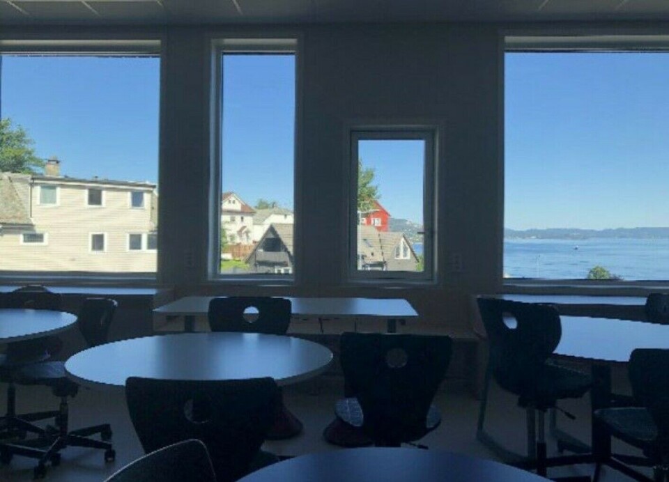 View of the sea and buildings from the evaluated classroom at Holen School.