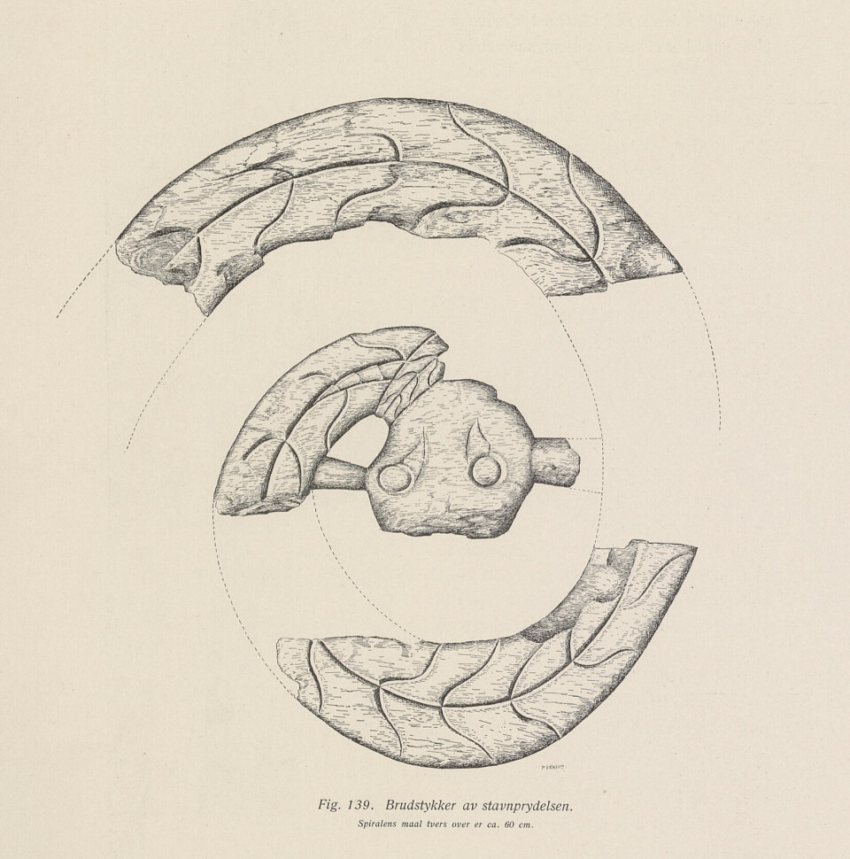 Excerpt from the book Osebergfundet Volume 1. Here, the fragments uncovered during the excavation are shown.