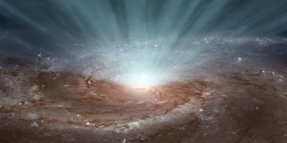 Supermassive black holes at the centres of galaxies emit radiation and ultra-fast winds into space. Here is an artistic interpretation. Verdensrommet