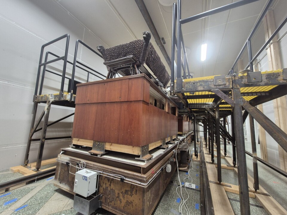 The sleds are mounted on the bases they were placed on in 1957. They are now set atop vibration-dampening plates.