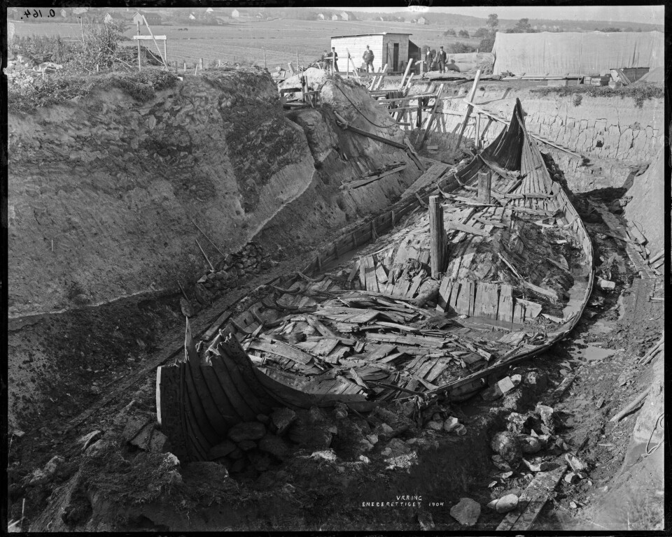 The Oseberg Ship during excavation. A lot of the artefacts had already been cleared away.