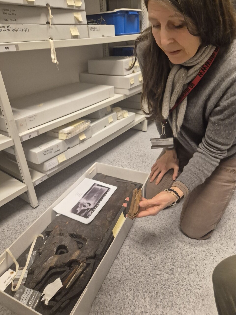 Susan Braovac shows off an alum-treated piece of wood in the storage area of the Museum of Cultural History.
