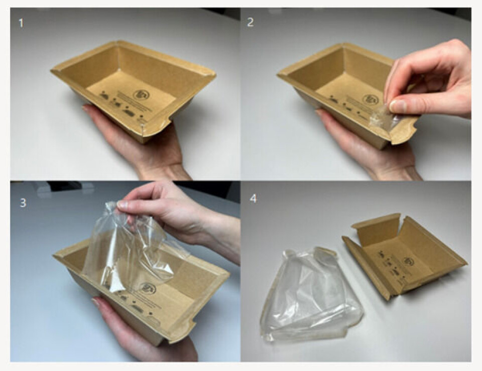 The new packaging made of recycled paper has a layer that can be removed. The parts can be sorted separately and recycled. Fire bilder viser prosess: Resirkulert papir med et lag som kan tas av. Delene kan sorteres separat og resirkuleres.