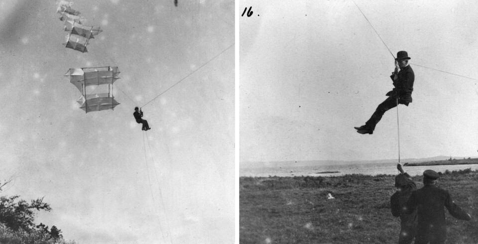Carried by kites, high above Fram, Roald Amundsen’s crew were to look for leads in the ice. The photo on the right shows Amundsen himself being lowered.
