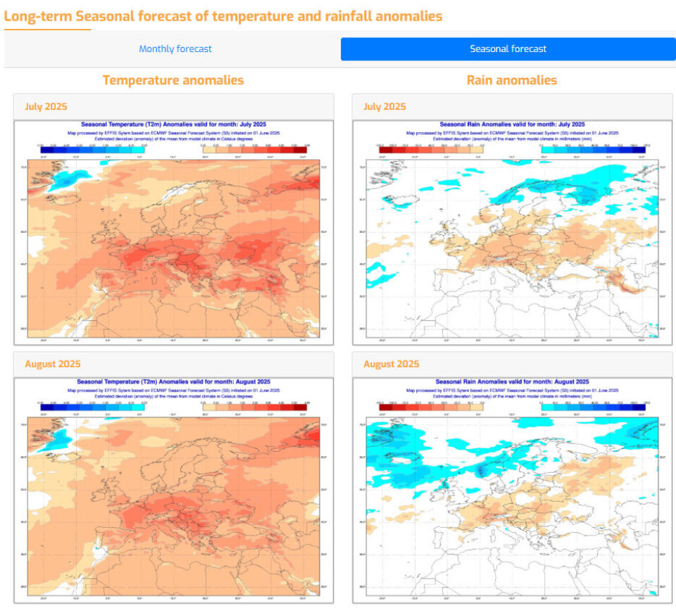 The EFFIS long-term seasonal forecast of temperature and rainfall anomalies. Red signals positive/warmer temperatures on the left side, and negative/less rain on the right side. According to the forecast, July and August 2025 will most likely be warm, but with chances of rain in mid- and south Norway in July and in August.