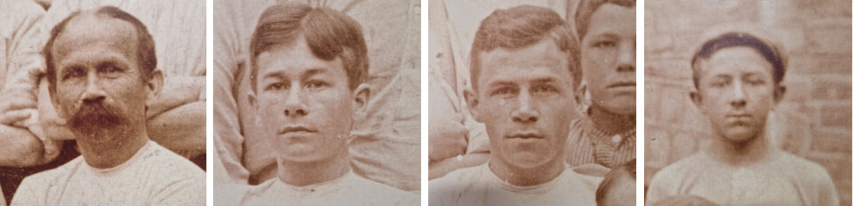 Karl Henrik Alfred Tranberg and three sons worked as turners. The third from the left later founded the Pors football team. Portretter av fire personer hentet fra det store bildet.
