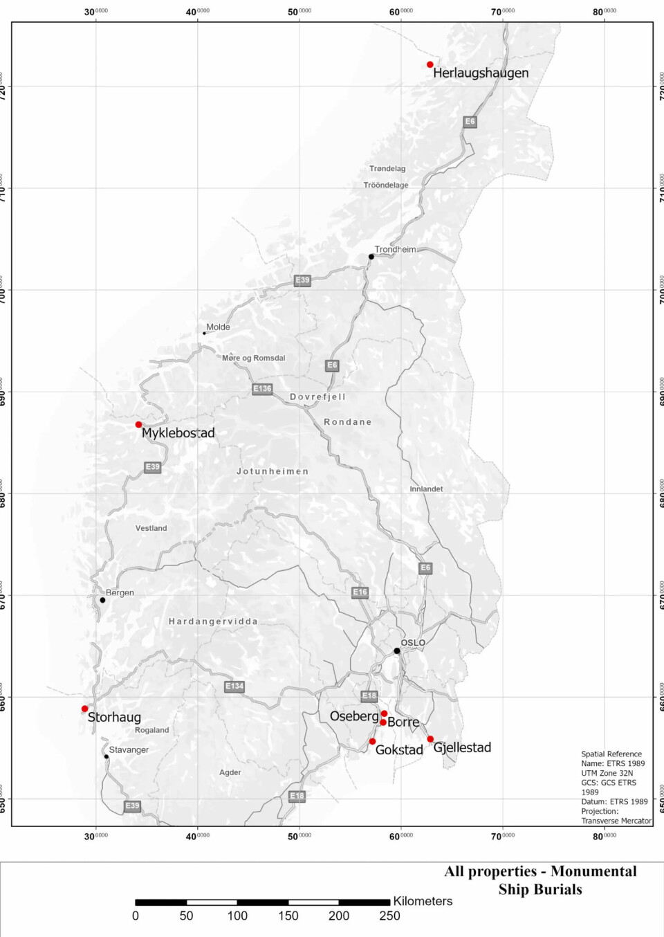 This map shows the locations of ship burials found in Norway.