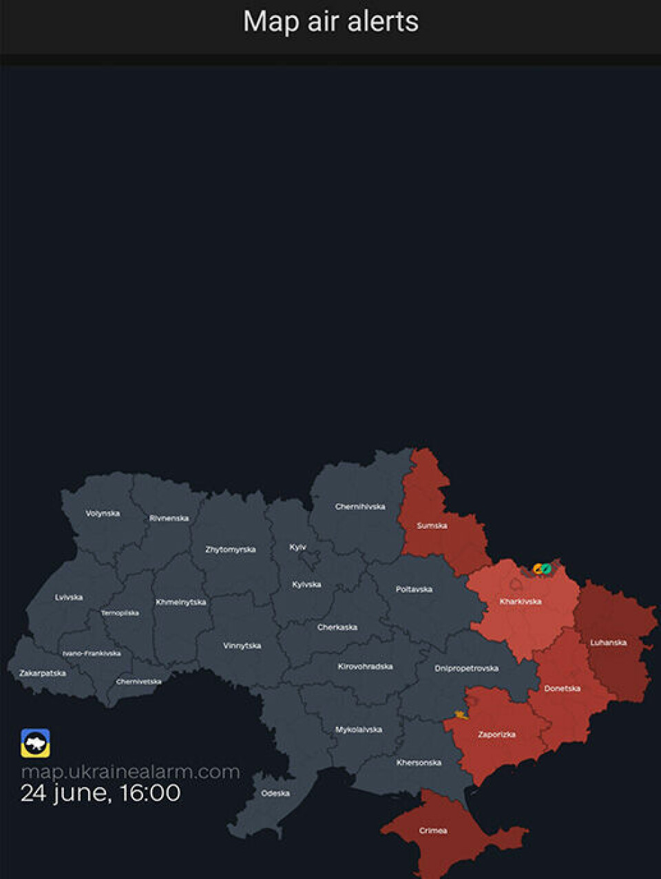 The app shows which locations have an active air raid siren.
