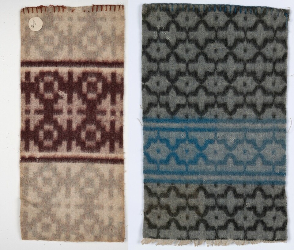 Textile samples show what the early blankets looked like. Prøver på to typer pledd.