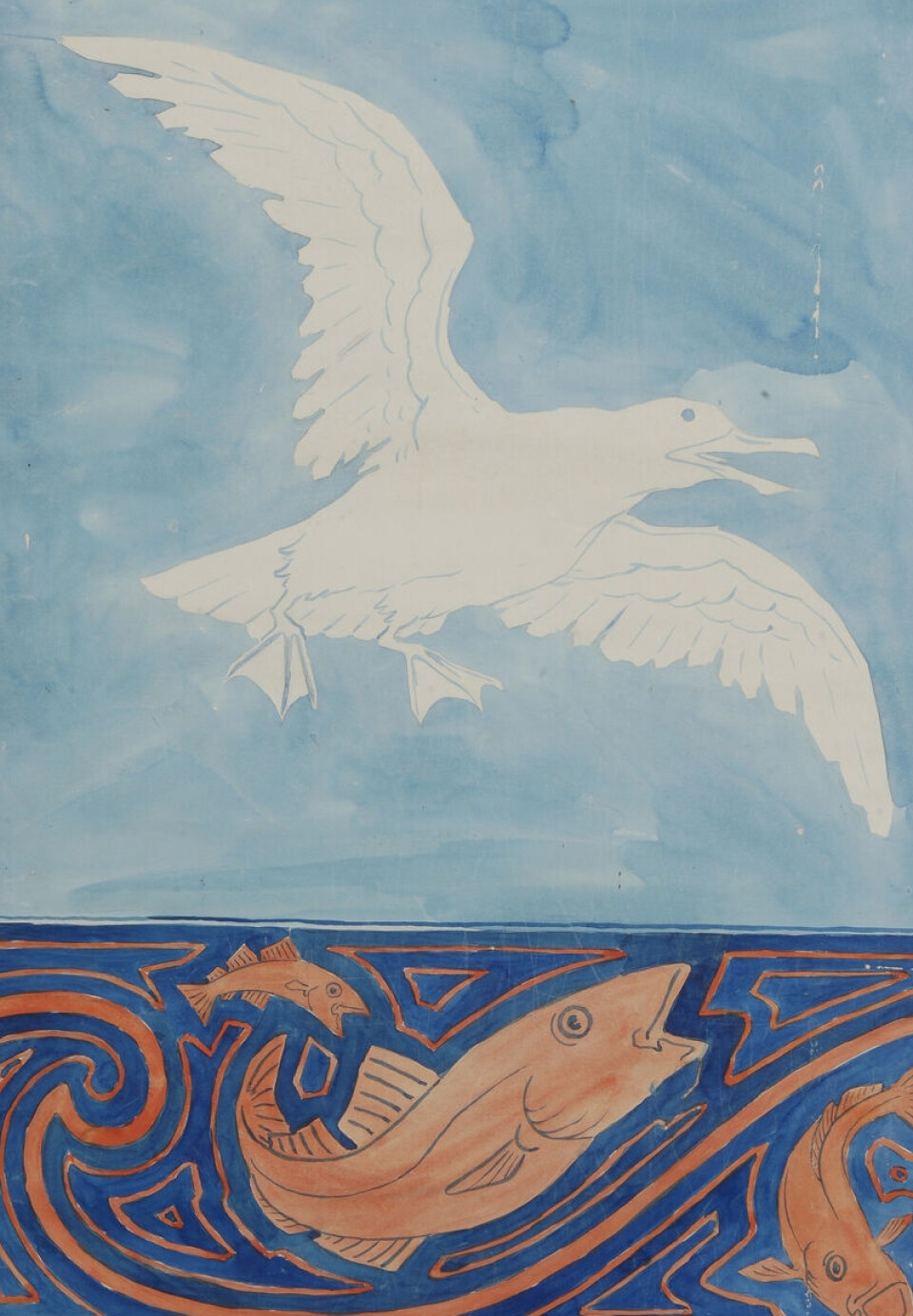 Thorleif Holmboe created the seagull and cod design. The patterns were transferred onto blankets and textiles by the factory's staff. Mønster med måke og torsk.