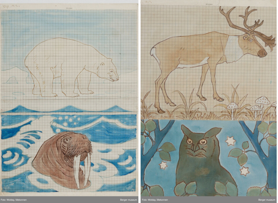 Thorleif Holmboe created Norwegian-themed designs. Previously, the factory had purchased its patterns from Germany. Mønstre til pledd og tekstiler.