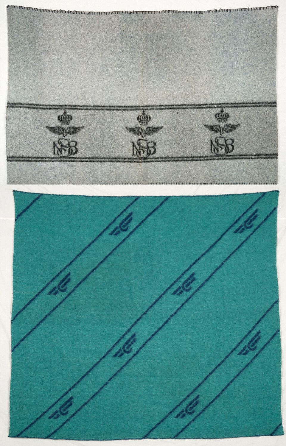 Norwegian state railways NSB bought grey blankets (top) for its passenger carriages. People often took them home and cut off the logo so no one could see they were stolen goods. As a result, NSB ordered new ones (bottom) with the logo printed across the entire blanket. To tepper fra NSB.