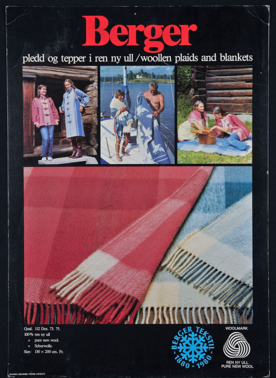 Advertisement for Berger blankets celebrating their 100th anniversary in 1980. From then on, they focused exclusively on blankets. Reklameplakat.