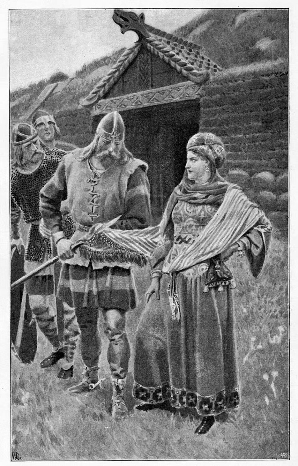 The painter Andreas Bloch's depiction of Helgi wiping his sword on Guðrún's clothes in the Saga of the People of Laxardal.