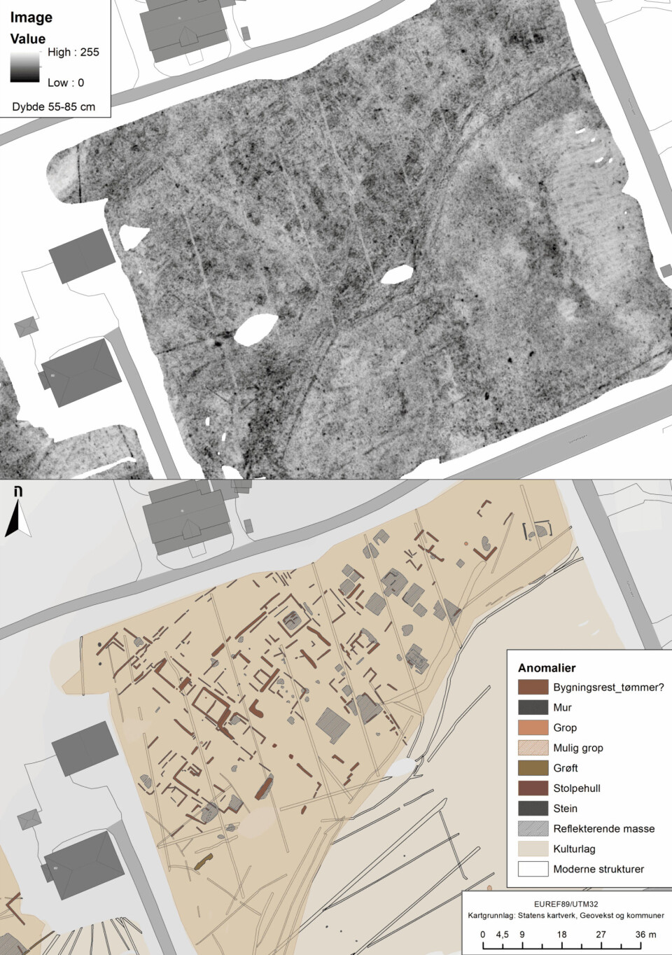 The radar image and interpretation map show the eastern part of the area. In the radar image, building remains appear as black or grey rectangles. These buildings are arranged in rows with light grey spaces between them that may be passages or streets. The thin lines are modern drainage ditches.