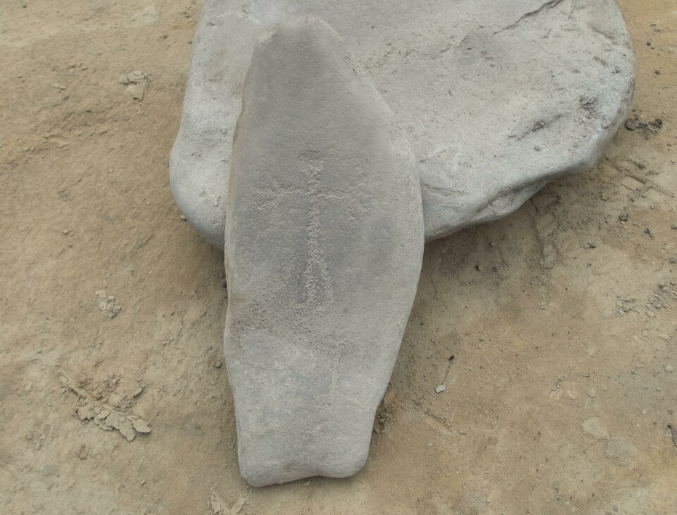 The carved stone shortly after its discovery.
