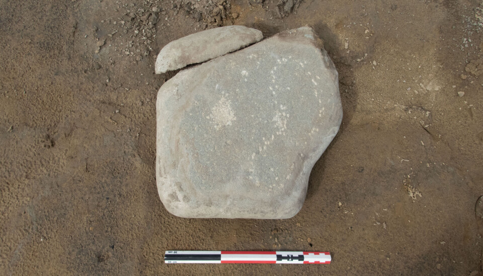 Carved stone with the outline of a foot and a shallow cup mark. The stone was found lying face down, covered in clay. The peck marks therefore appeared fresh and new, despite being up to 3,000 years old.