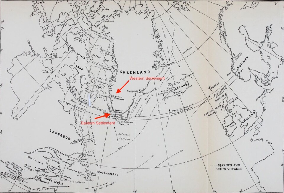 This map from 1914 shows the Eastern and Western Settlements in Greenland, along with assumed sailing routes from Norway to Iceland and Greenland. Note that they do not include a route from Trondheim, although it is known to be a major city in the walrus tusk trade.