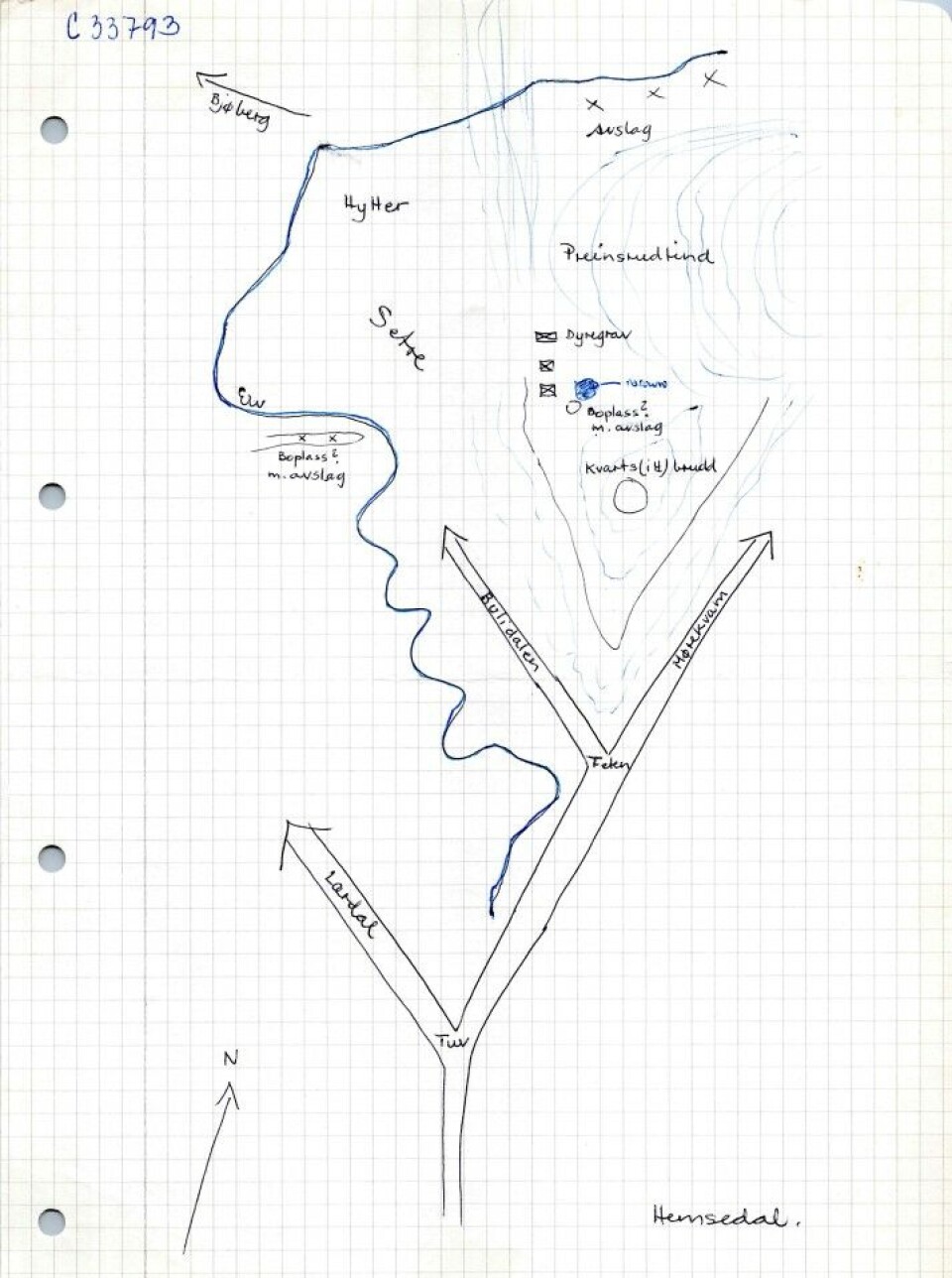 This is the hand-drawn sketch Nyland used to locate the Halsane quarry in Hemsedal.