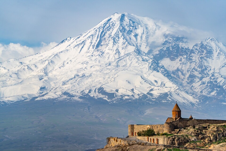 An Armenian church with Mount Ararat in the background.