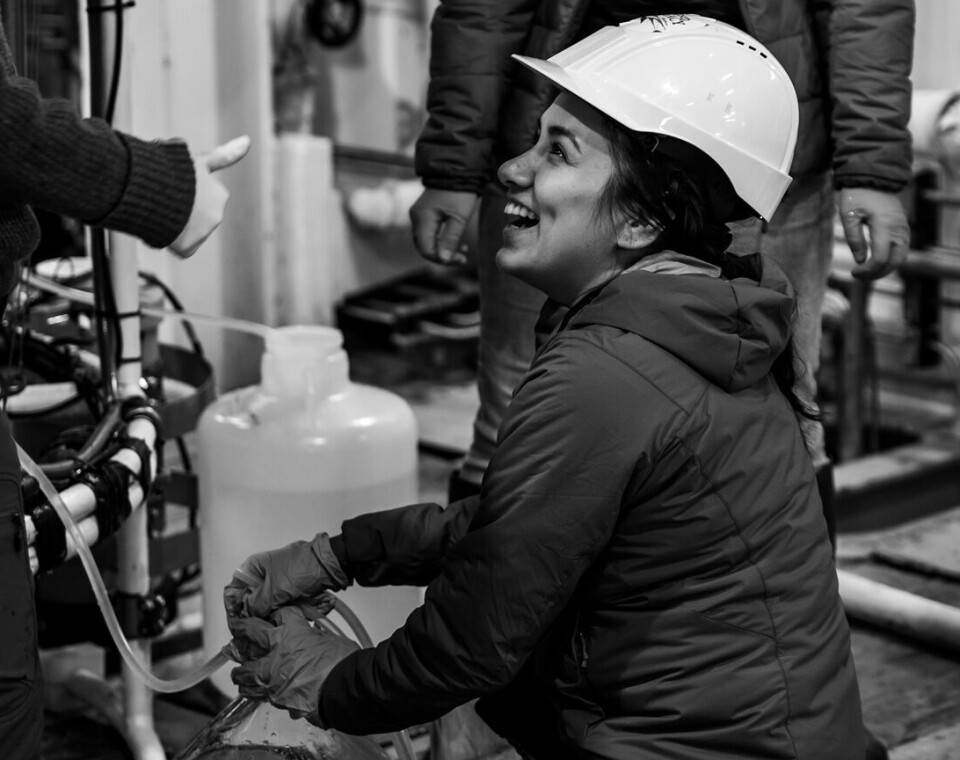 Maria Guadalupe Digernes takes seawater samples from a sampling rosette to look for dissolved organic matter.