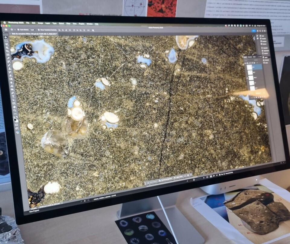 On the screen, the surface of a basalt rock is magnified. En PC-skjerm med nærbilde av en spettet stein.