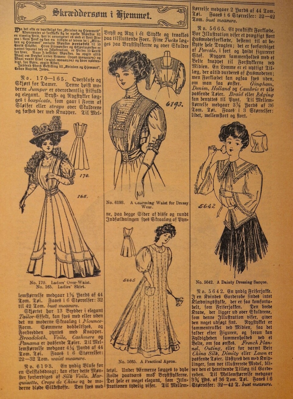 Kvinden og Hjemmet was launched in 1888 and closed in 1947. At its height, the magazine sold 83,000 copies of an issue. Avisside med kjolemønstre.