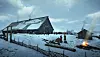 Digital rendition of a snowy rural scene with a wooden longhouse, small hut, and campfire in foreground