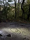 Torchlight revealing an old carved symbol on a rock in a forest clearing