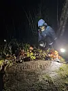 Researcher with headlamp examines a carved rock in a dark forest