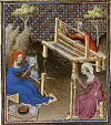 Medieval illustration of three women working at looms and spinning thread.