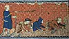 Medieval illustration of workers harvesting grain with sickles in a patterned field scene.