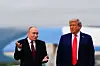 Donald Trump and Vladimir Putin talking outside at an airporfield