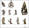 Numbered ancient metal figurines arranged on a white background with scale bar.