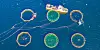 Aerial photo of six circular fish farm cages and a workboat on deep blue water.