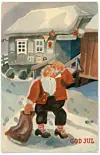 Bearded figure with a sack walks in snow past a small shop in a vintage Christmas postcard.